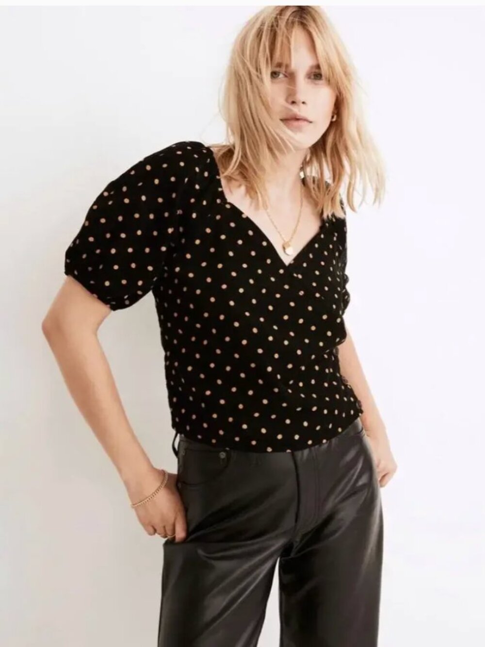 Madewell Corduroy Puff-Sleeve Wrap Top in Oval Dot - Size Small